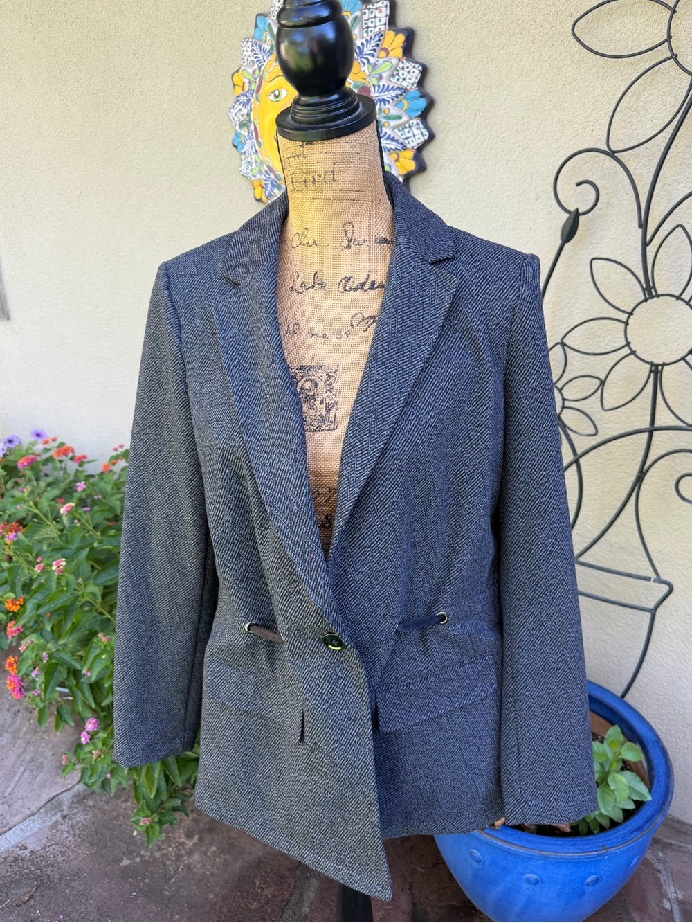 White House Black Market Charcoal Gray Herringbone One-Button Blazer Jacket